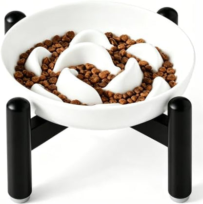 Elevated Slow Feeder Cat Bowl - Melamine Cat Food Plate with Anti-Slip Metal Stand - Raised Maze Dish for Slow Eating - Ivory White by PTOBER