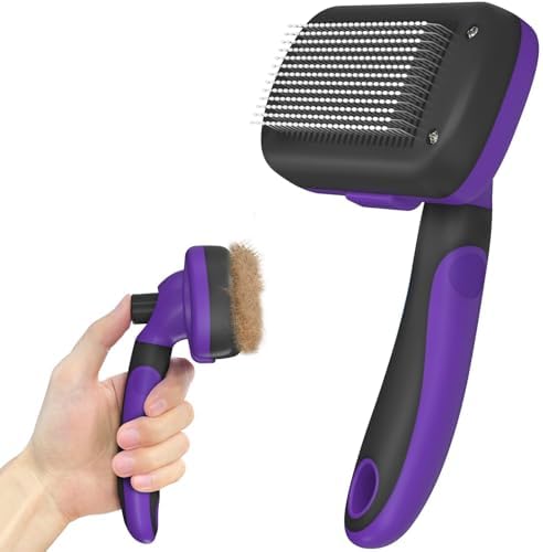 Dipoo Self Cleaning Cat & Dog Grooming Brush - Skin Friendly Deshedding Hair Brush for Haired Dogs & Puppies, Purple by Dipoo