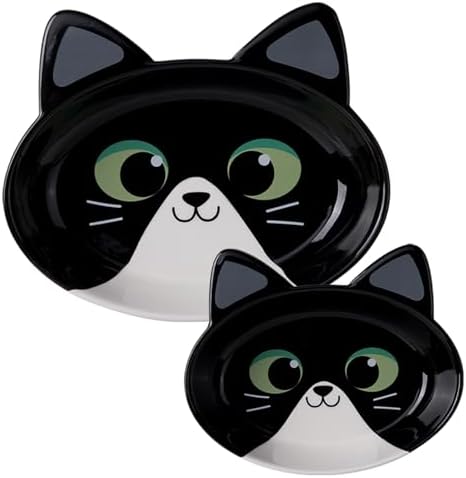 The Cat Ladies Ceramic Cat Bowls - Whisker Friendly Food Bowl - Cute Pet, Kitten Plates - Dishes for Indoor Cats - Dish for Wet Food & Water - Platos para Gatos - Black and White Cat, Set of 2 by TheCatLadies