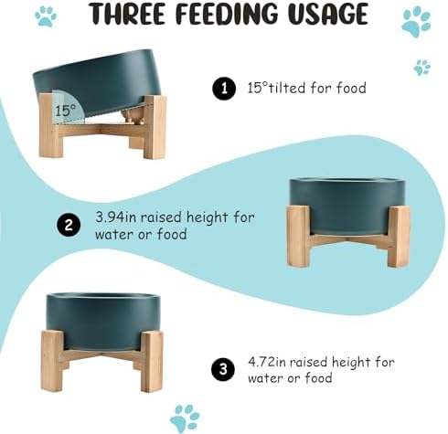 SPUNKYJUNKY 15° Slanted Ceramic Dog and Cat Bowl with Wooden Stand, Tilted Bulldog Food and Water Bowl No Slip Non-Spill for Cats Medium Dogs Big Face Pets 28.7 OZ (3.6 Cups, Green) - Image 3