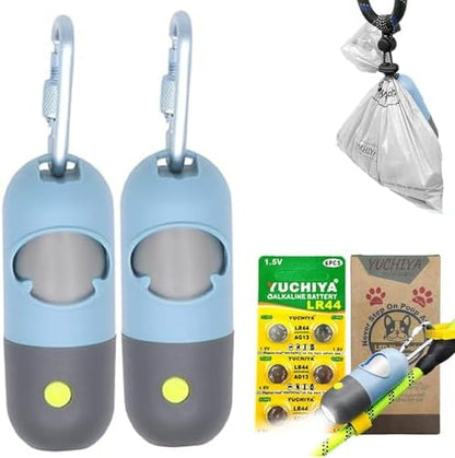 Dog Poop Bags Holder with LED Flashlight|Pet Waste Bags Dispenser for Leash|Doggie Potty Bags Container with Leak-proof Pet Trash Bags and Accessories (2 Holders 30 Bags, Sky Blue) by YUCHIYA
