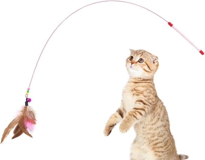 TEHAUX Cat Teaser Wand 27.55 Inch Interactive Fishing Pole with Feather Fish Design and Bells for Kitten Exercise and Play