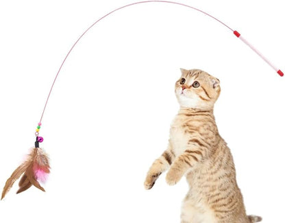 TEHAUX Cat Teaser Wand 27.55 Inch Interactive Fishing Pole with Feather Fish Design and Bells for Kitten Exercise and Play