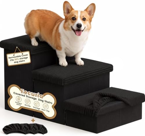 3-Step Wide Dog Stairs 18" H with Removable Cover, Non-Slip Storage Pet Steps for High Bed Couch, Pet Stairs for Small/Medium/Large Old Dogs Puppy Up to 200lbs, Cat Dog Steps for Car, Black by Fecuria