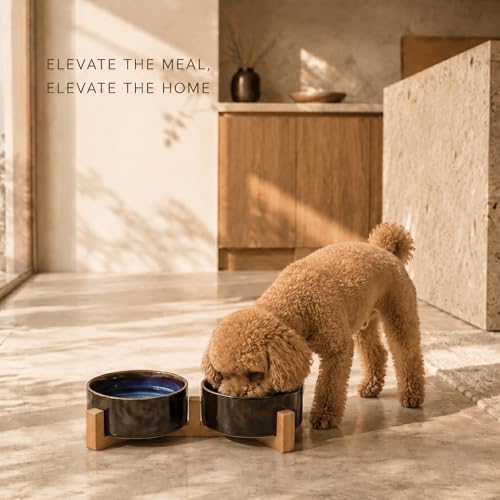 SPUNKYJUNKY Ceramic Dog and Cat Bowl Set with Wooden Stand, Modern Cute Weighted Food Water Set for Small Size Dogs (13.5OZ) & Medium Sized Dogs (28.7OZ) & Cats (1.7 Cups, 2 × Starry Blue) - Image 2