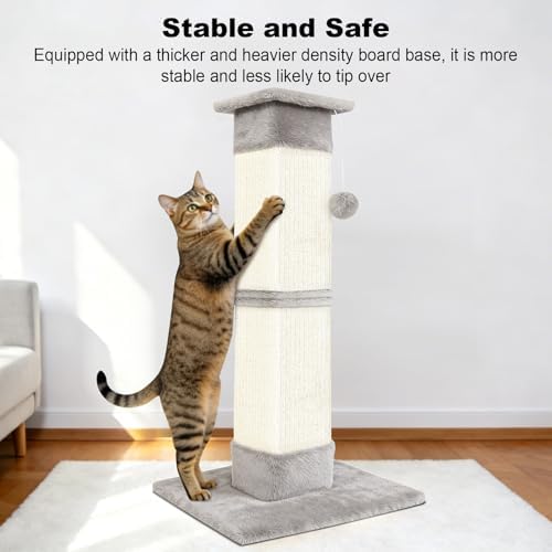 Cat Scratching Post 33 inch for Indoor Cats, Sisal Cat Scratcher, Vertical Posts with Dangling Ball, High Cat Scratch Post, Cat Tree for Full-Body Stretching, Protect Your Furniture, Light Grey - Image 7