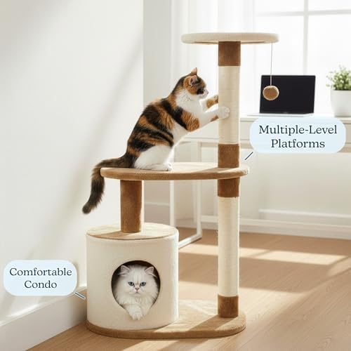 PETMAKER Cat Tree Condo 3 Tier with Condo and Scratching Posts, 37.5", Brown and Tan - Image 5