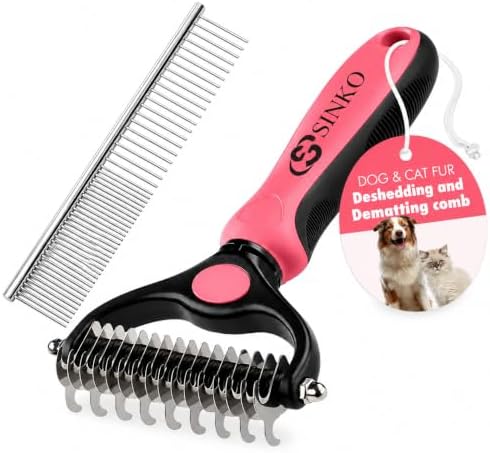 Sinko Shedding Brush for Dog and Cat, Undercoat Rake & Comb with Extra-Wide Double-Sided Stainless Steel Teeth for Deshedding, Brushing, Removing Loose Fur, Knots, Mats & Tangles in Pets (pink) by Sinko