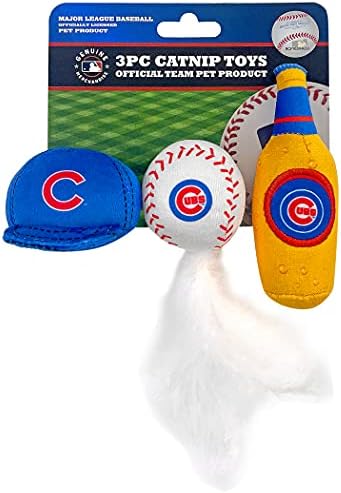 BEST PLUSH CAT TOY: MLB CHICAGO CUBS Complete Set of 3 piece Cat Toys filled with Fresh Catnip. Includes: 1 Baseball Cap Cat Toy, 1 Baseball Cat Toy with Feathers & 1 Beer Bottle. Beautiful Team LOGOS by PETSFIRST