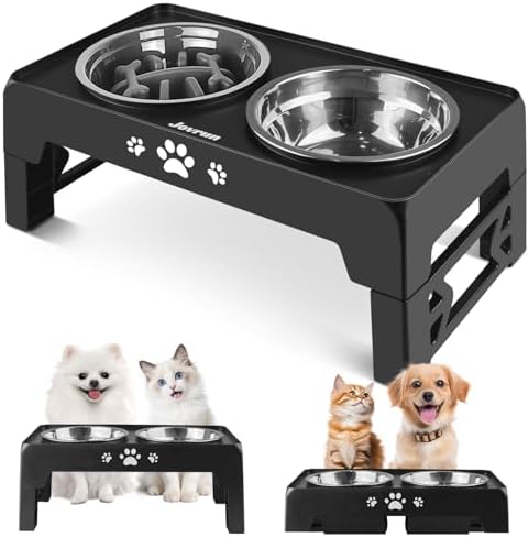 Jovrun Elevated Dog Bowls for Small Dogs and Cats, Non-Slip Cat Bowls with 1*Stainless Steel Dishes & 1*Slow Feeder Bowl, Dog Feeder 2 Heights Adjustable to 2.6"-5.3" by Jovrun