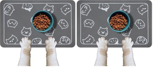 YCT Cat Food Mat for Pet Dog Feeting Mats, Cat Mat for Food and Water, Non-Slip Super Absorbent, with Multiple cat Heads Logo，18.1 x 11.8 inches, Dark Grey (Pack of 2) by YCT