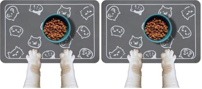YCT Cat Food Mat for Pet Dog Feeting Mats, Cat Mat for Food and Water, Non-Slip Super Absorbent, with Multiple cat Heads Logo，18.1 x 11.8 inches, Dark Grey (Pack of 2) by YCT