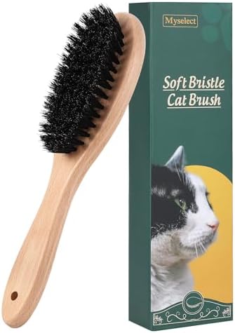 Boar Bristle Cat Brush with Wooden Handle, Soft and Gentle, Reduce Shedding, Make Coat Soft, Smooth and Shinny, Daily Grooming Tool for Short Haired Cats, Kitten by Myselect