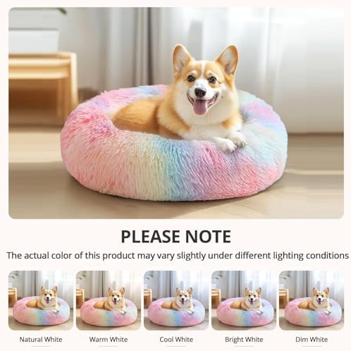 JOLLYVOGUE Calming Dog Bed for Small Dogs - 23 inches Donut Washable Small Dog Bed for Kittens & Puppies, Anti-Slip Round Fluffy Plush Faux Fur Cat Beds (Fits up to 25 lbs Pets, Rainbow) - Image 6