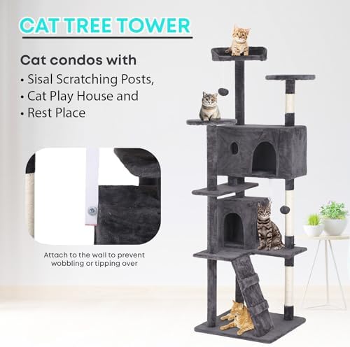 FDW | 70" Cat Tree Tower | Light Gray | Multi-Level Indoor Activity Center with Sisal Scratching Posts, Condos, Plush Perches, Hanging Cat Toys | Sturdy, Easy to Assemble | for Kittens & Adult Cats - Image 6