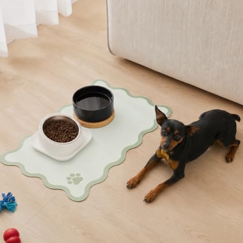 Scalloped Dog Feeding Mat, Absorbent Mats for Dog Food and Water Bowl, Dispenser, Feeder, Trendy Cute Aesthetic Pet Placemat for Dogs, Cats, Puppy Accessories Sage Green, 15" x 24" - Image 2