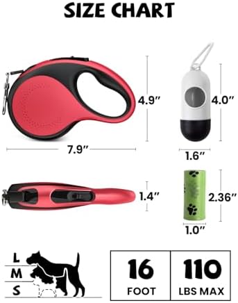 Retractable Dog Leash with Led Light, Douexio 16ft Heavy Duty Dog Leash Retractable for Medium Large Dogs Up to 110lbs,360° Tangle-Free, One-Button Control, High Strength Hook (Red, 66-110lbs) - Image 2