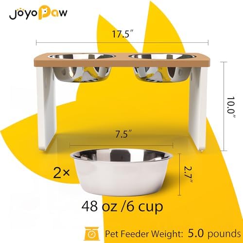 Elevated Dog Bowls, Waterproof Raised Dog Bowl for Medium & Large Dogs, HIPS Poly Lumber Stand with 2 Stainless Steel Bowls, Indoor & Outdoor Use (10'' Tall–48 oz Bowl, Teak-White) - Image 2