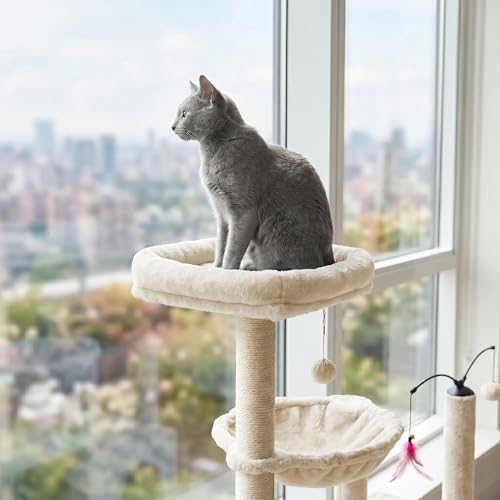 YUNIQUE Multi-Functional Cat Tree Tower, Big Cat Condo with Scratching Board, Rotating Toy & Deep Hammock, Luxury Perch Kitty Furniture for Indoor Cats (White) - Image 3