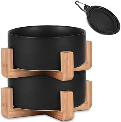 Petygooing Ceramic Black Cat Dog Bowl Set with Stand,Pet Food and Water Dish,Medium Pet Bowls Anti-Slip Set of 2 Cat Bowls-Pet Food Dishes- Small Medium Size Dog (28 OZ /3.6 Cups) by PetygooingforYOURLOVEDPET