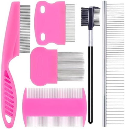 6 Pack Pet Grooming Combs, Stainless Steel Dog and Cat Grooming Combs with Rounded Teeth, Double-Sided Professional Pet Tear Stain Remover for Small, Medium, and Large Pets (Pink) by Unknown