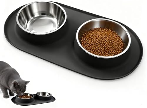 Double Cat Food Bowls with Silicone Base, Stainless Steel Dishes, Non-Slip Feeding & Water Station, Easy-Clean Pet Bowls for Cats, 1.75-Cup Capacity Each, Black by Unknown