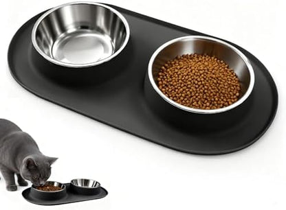 Double Cat Food Bowls with Silicone Base, Stainless Steel Dishes, Non-Slip Feeding & Water Station, Easy-Clean Pet Bowls for Cats, 1.75-Cup Capacity Each, Black by Unknown