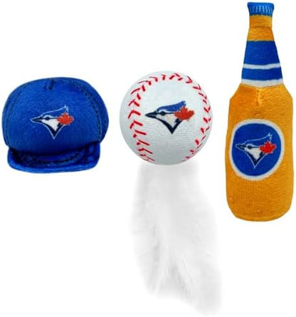Best Plush CAT Toy - MLB Toronto Blue Jays Complete Set of 3 Piece Cat Toys Filled with Fresh Catnip. Incld: 1 Baseball Cap Cat Toy, 1 Baseball Cat Toy with Feathers & 1 Beer Bottle. Team Logos - Image 3