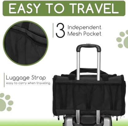 Pet Carrier for Cats & Small Dogs, Travel Carrier with Anti-Collapse Support, Chew Resistant Buckles, Luggage Sleeve, Multi-Pocket Storage, Reversible Mat & Bowl (Black, Medium (17.5"x11"x11.5")) - Image 6