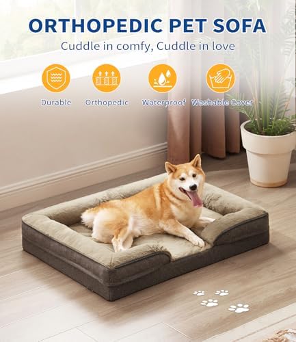 Made4pet Dog Bed Orthopedic Dog Sofa for Large Dogs,Supportive Foam Pet Cushions Bed with Washable Removable Cover, Egg-Crate Foam, Waterproof Lining Bottom, Brown, 35 * 23 * 6.5 Inch - Image 2