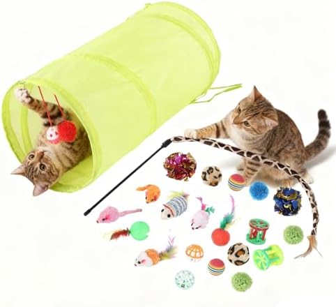YDYJKI Cat Toys Interactive for Indoor Cats - Collapsible Cat Tunnel, Retractable Fishing Pole Wand Toy with Feather Attachments, Durable Kitten Teaser Replacement Refills for Play by YDYJKI