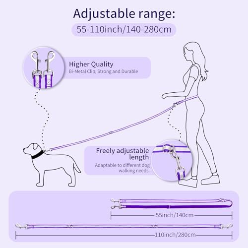 Hands Free Dog Leash, 4.2 FT - 9.5 FT Multifunctional Crossbody Waist Leash for Dogs Walking Reflective Running Dog Leashs for Medium and Large Dogs Walking,Jogging,Running,Training (Purple) - Image 2