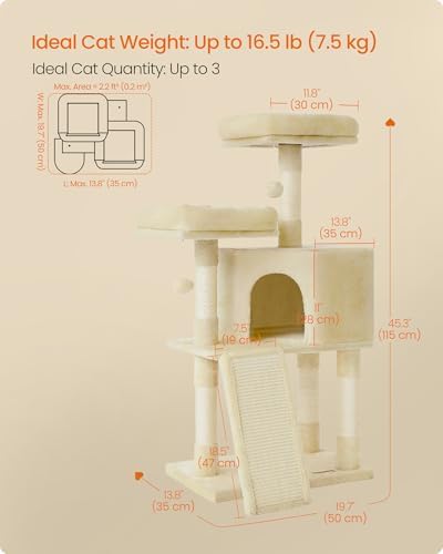 Feandrea Cat Tree, 45.3-Inch Cute Cat Tower, Plush Climbing Condo, Beige - Image 5