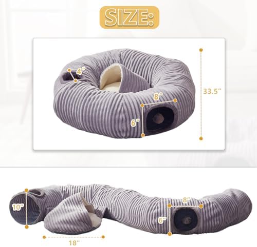 Cat Tunnel Bed for Indoor Cats - Cute Cat Donut Tunnel with Washable Circle Cushion and Blackout Tent Round Pet Play Toy for Kitten/Puppy/Rabbit, Grey - Image 4