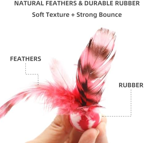 Feather Chase & Fetch Balls for Indoor Cats – 5 Pack Durable Rubber Cat Toys with Natural Feathers, Interactive Exercise & Hunting Play, Bouncy Balls for Active Kittens and Adult Cats - Image 2