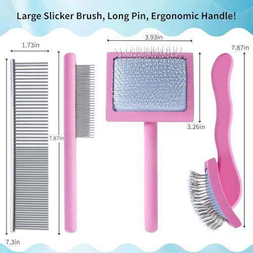 Pink Slicker Brush for Long Haired Dog Wooden Handle Coated Pins - Image 3