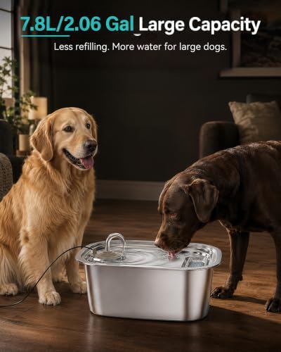 2.06 Gallon Stainless Steel Dog Water Fountain for Large Dogs, 7.8L Automatic Dog Water Bowl with Top-Fill Water Level Window, Quiet Pump and 2 Filters - Image 2