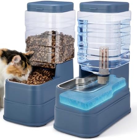 2 Pack Automatic Cat Feeder and Water Dispenser 1.3Gallon Dog Gravity Food Feeder and Water with Ice Pack Stainless Steel Dry Food and Waterer Bowl for Small Medium Large Pets (Blue) by Pawzone