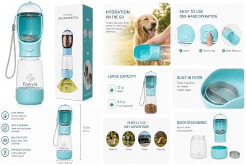 Portable Dog Water Bottle with Food Container, Leak-Proof Pet Travel Water Dispenser, One-Hand Operation, Built-in Filter, Portable Water Bowl for Dogs & Cats, Walking, Hiking & Travel - Image 4