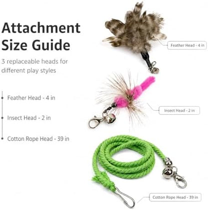 Cat Wand Toy Set, Retractable Stainless Steel Wand with 3 Interchangeable Attachments, Feather, Insect, Cotton Rope - Image 3