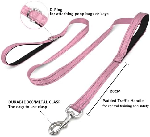 6 FT Pink Nylon Reflective Dog Leash for Medium Dogs with 2 Padded Handle - Image 3
