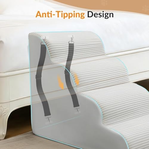 Dog Stairs for Couch and Chair,15.7" H 3-Step Pet Steps for Small Dogs and Cats, Non-Slip Sturdy Dog Ramp with Anti-Tip Safety Strap and Washable Cover,Balanced Ramp Indoor Pet Stairs - Image 4