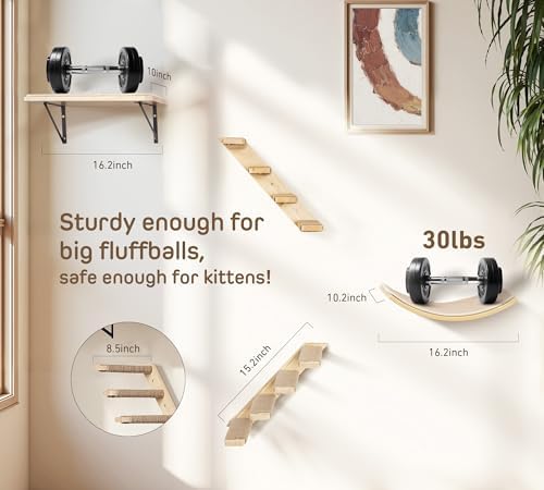 Cat Wall Shelves Set with Sisal Cats Stairs, 4 Piece Wooden Climbing Furniture with Scratchable Curved Bed, Flat Shelf & 2 Cat Wall 4-Steps Ladders - Image 5