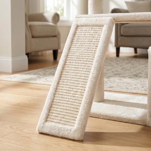 YUNIQUE Multi-Functional Cat Tree Tower, Big Cat Condo with Scratching Board, Rotating Toy & Deep Hammock, Luxury Perch Kitty Furniture for Indoor Cats (White) - Image 6