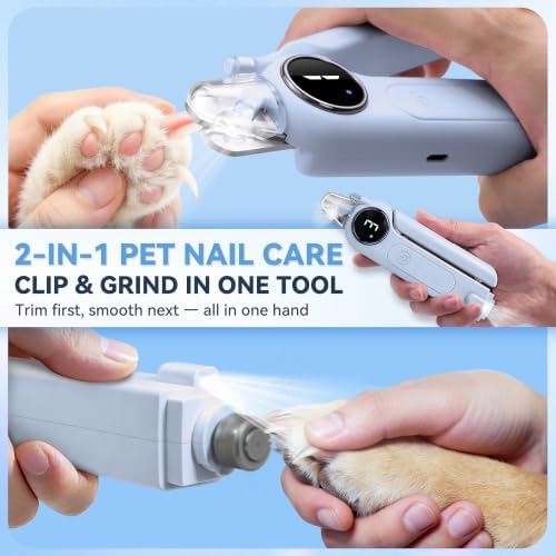 2-in-1 Quiet Electric Pet Nail Clipper & Grinder with Light for Dogs Cats (Blue) Dual LED Lights,3-Speed Grinder,Nail Clipping Splash Guard,Type-C Rechargeable,Quiet Design for Anxious Dogs & Cats - Image 2