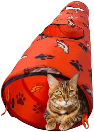 NFL Denver Broncos Cat Tunnel Tube Toy with Plush Football Catnip and Feathers Collapsible Tunnel for Cats to Play, Peek and Hide, Sporty & Fun Cat Tunnel Toy with Team Logo All-Over Design! by PETSFIRST