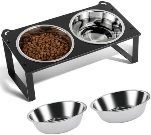 1 Set Elevated Cat Food Water Bowls, 4 Replacement Stainless Steel Bowls for Indoor Pet with Cute Metal Stand, 10° Tilted Anti-Vomiting Raised Wide Shallow Cat Dishes Whisker Friendly for Kitten,Puppy by Aomafamzoy