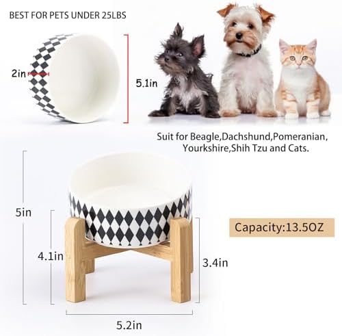 Petygooing Raised/Elevated 15°Slanted Ceramic Dog Bowl for Small Breeds,Tilted Anti Slip Pet Bowl,Food Water Dish with Stand for Cats and Small Dogs Puppy 13.5 OZ (5.1In / 1.7 Cups) Black Rhombus - Image 3