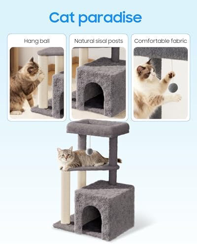 Cat Tree Tower for Indoor Cats, 33 Inches Multi-Level Cat Condo with Scratching Posts, Large Perch, Hanging Toy for Large Adult Cats, Gray - Image 5