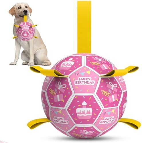 QDAN Dog Birthday Toys, Puppy Gifts, Dog Soccer Ball with Straps, Pink by QDAN